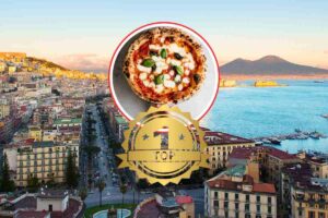 sfondo di Napoli con una pizza margherita in primo piano e la scritta top
