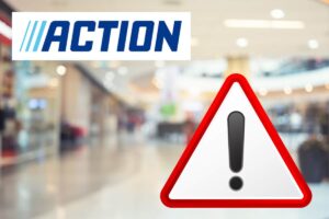 galleria commerciale sullo sfondo, simbolo divieto e logo action