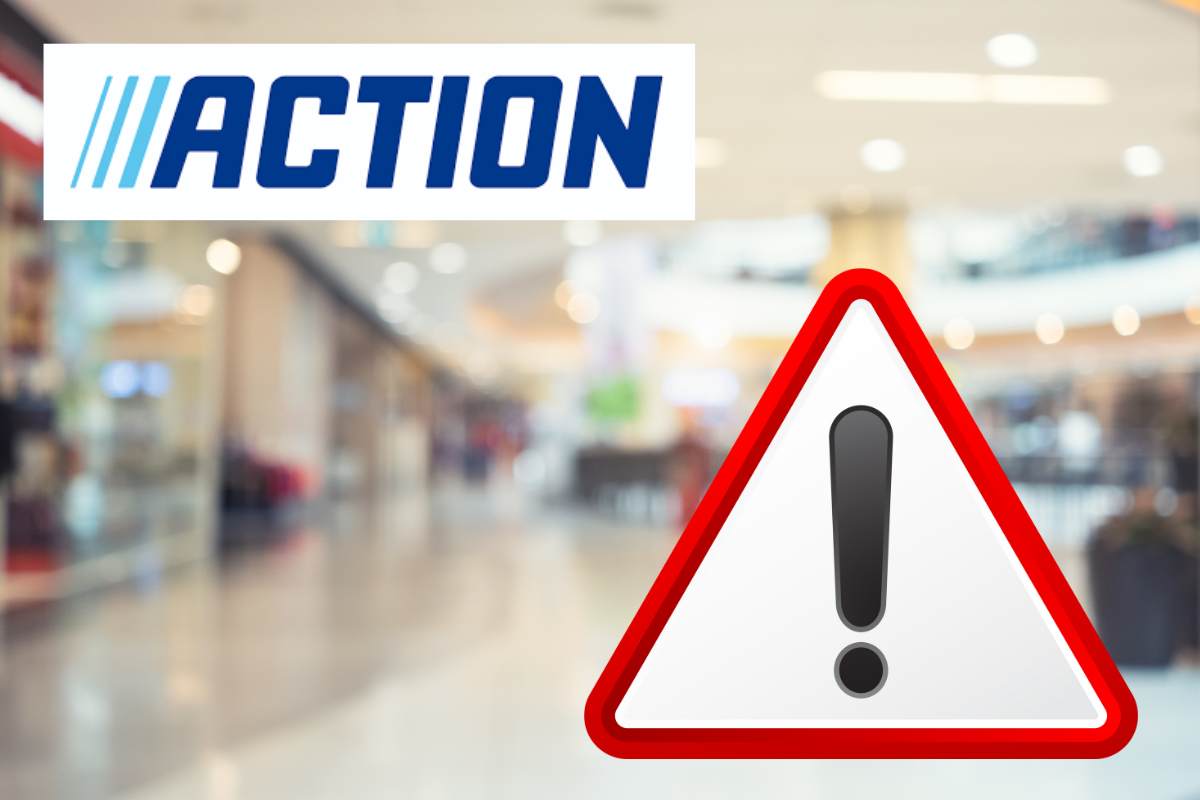 galleria commerciale sullo sfondo, simbolo divieto e logo action 