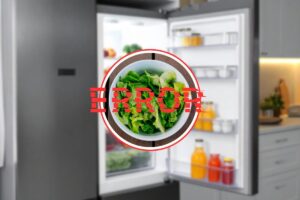frigorifero aperto, insalata in primo piano con scritta errore