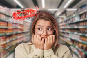 scaffali di un supermercato, scritta 'recall' in rosso e donna spaventata con mani in faccia