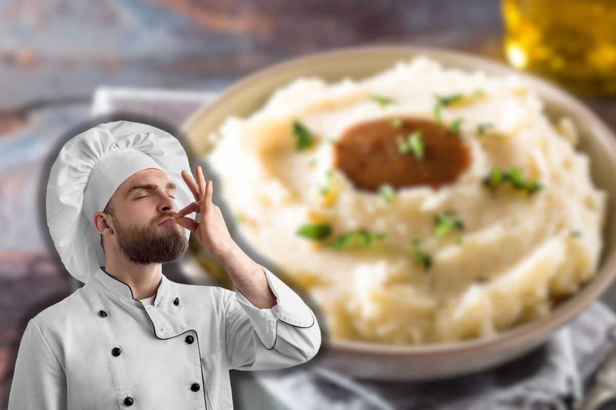 purè di patate con prezzemolo in ciotola e chef che manda bacio