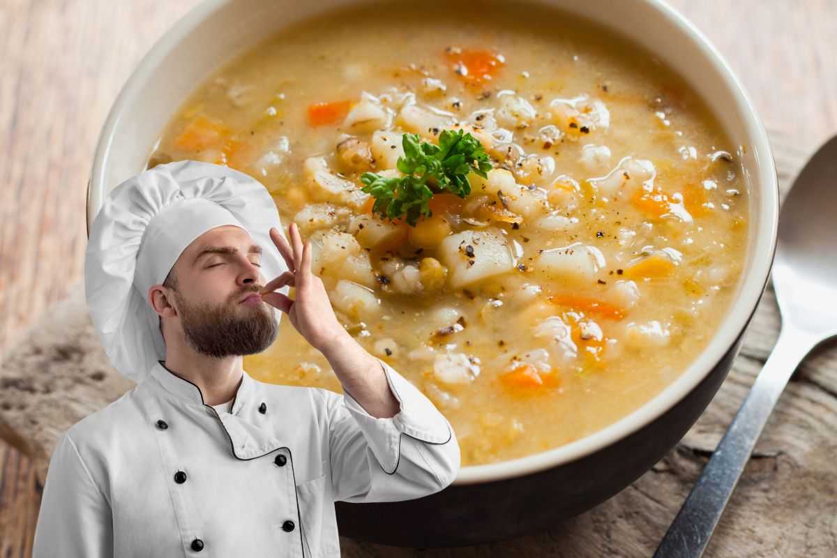 zuppa di orzo e chef in primo piano